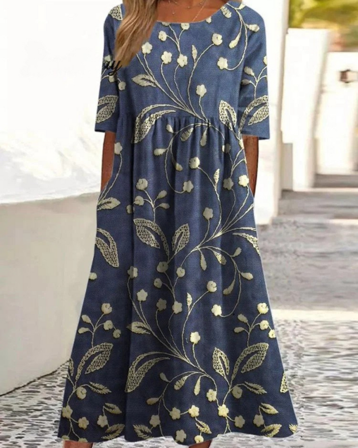 Esther - Vintage Floral Art Print Pocket Cotton Dress, Top and Skirt