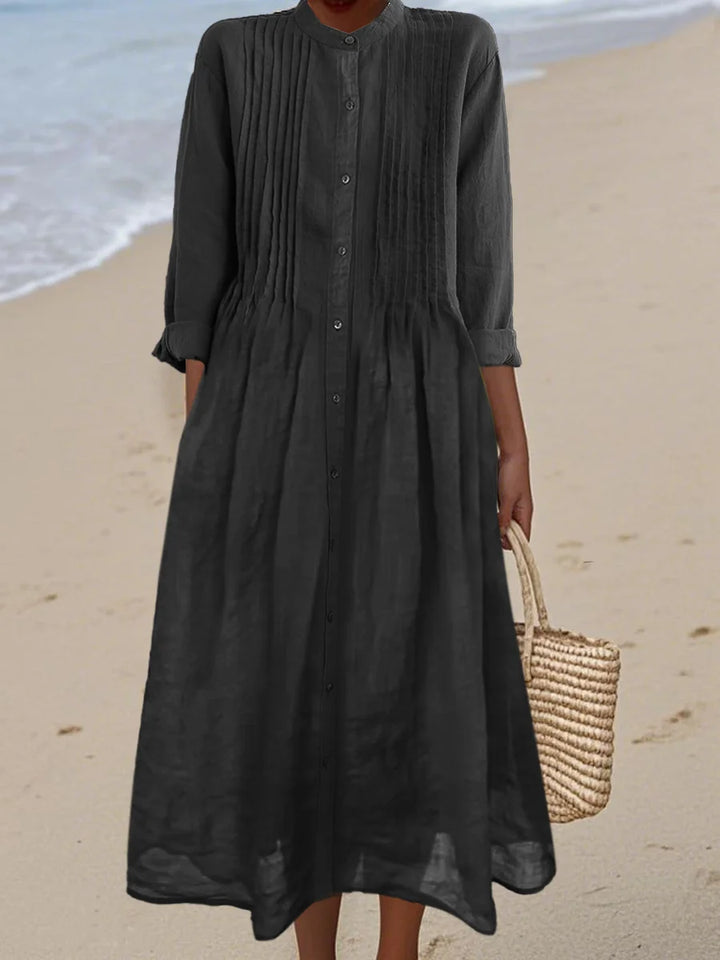 Lisa - Pleated Cotton and Ramie Long-sleeved Dress