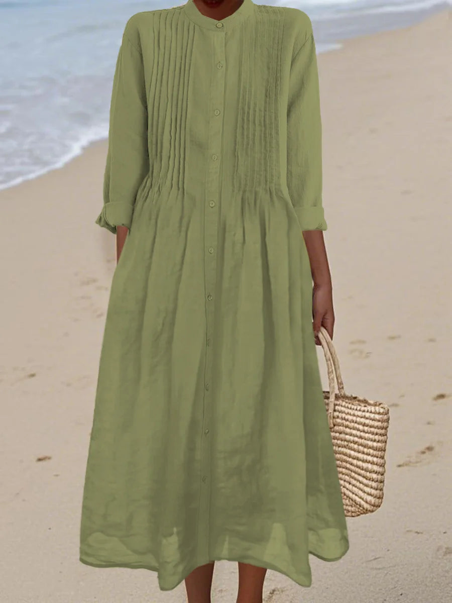 Lisa - Pleated Cotton and Ramie Long-sleeved Dress