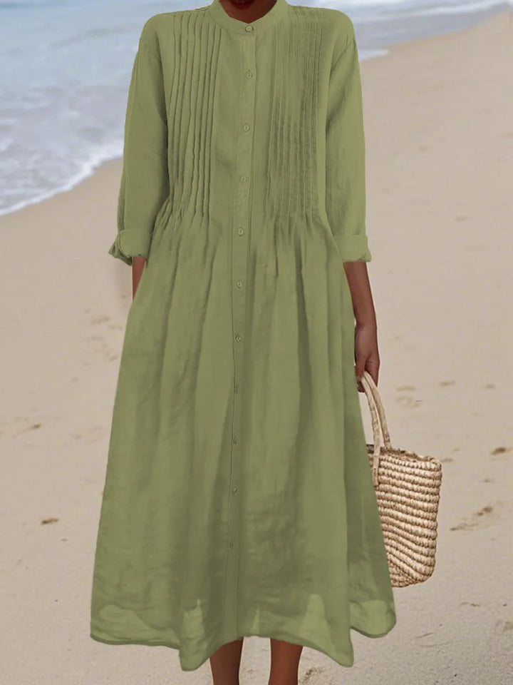 Lisa - Pleated Cotton and Ramie Long-sleeved Dress