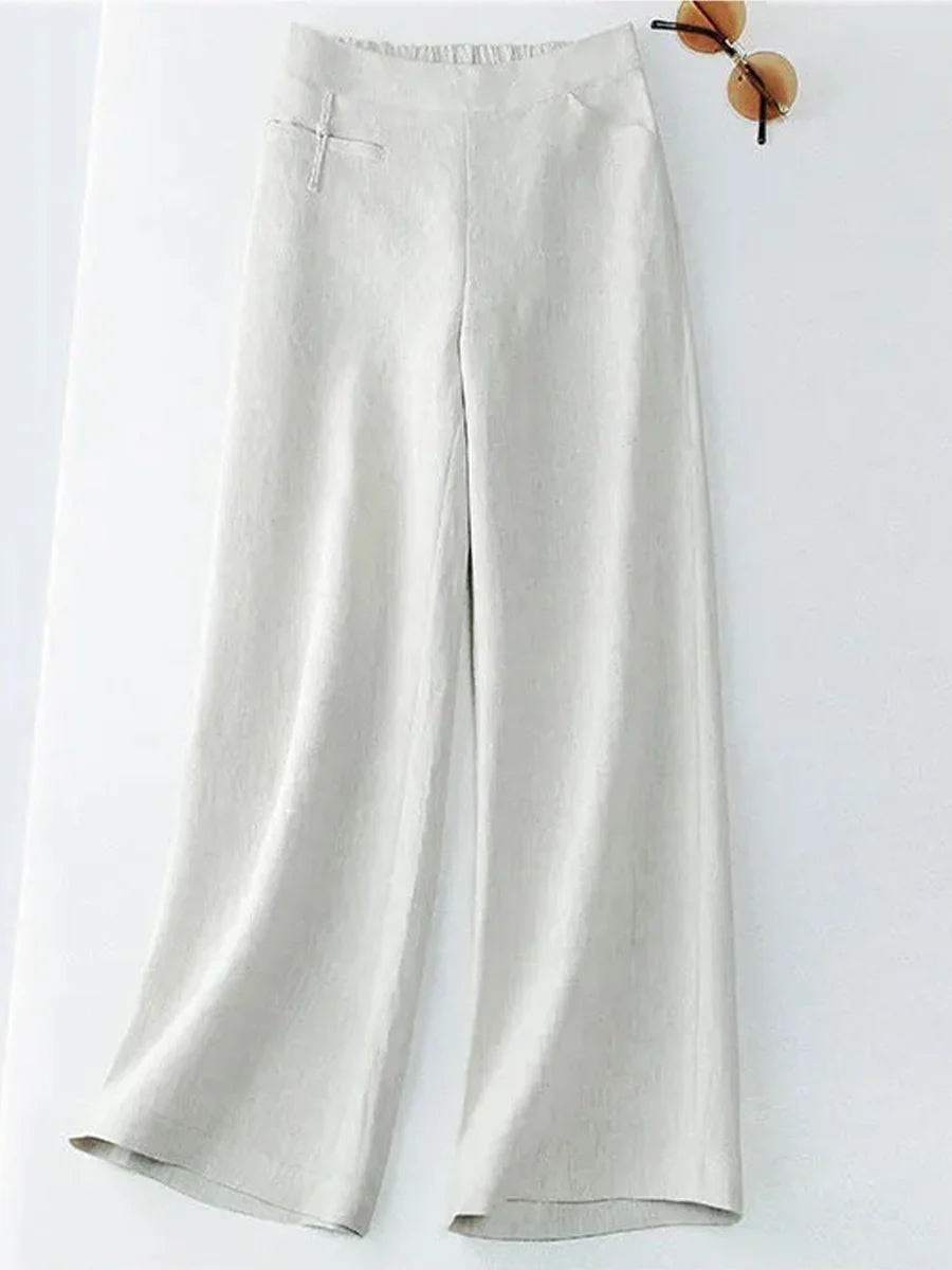 Hariet - Solid Color Button Half Elastic High Waist Casual Cotton and Linen Wide Leg Pants
