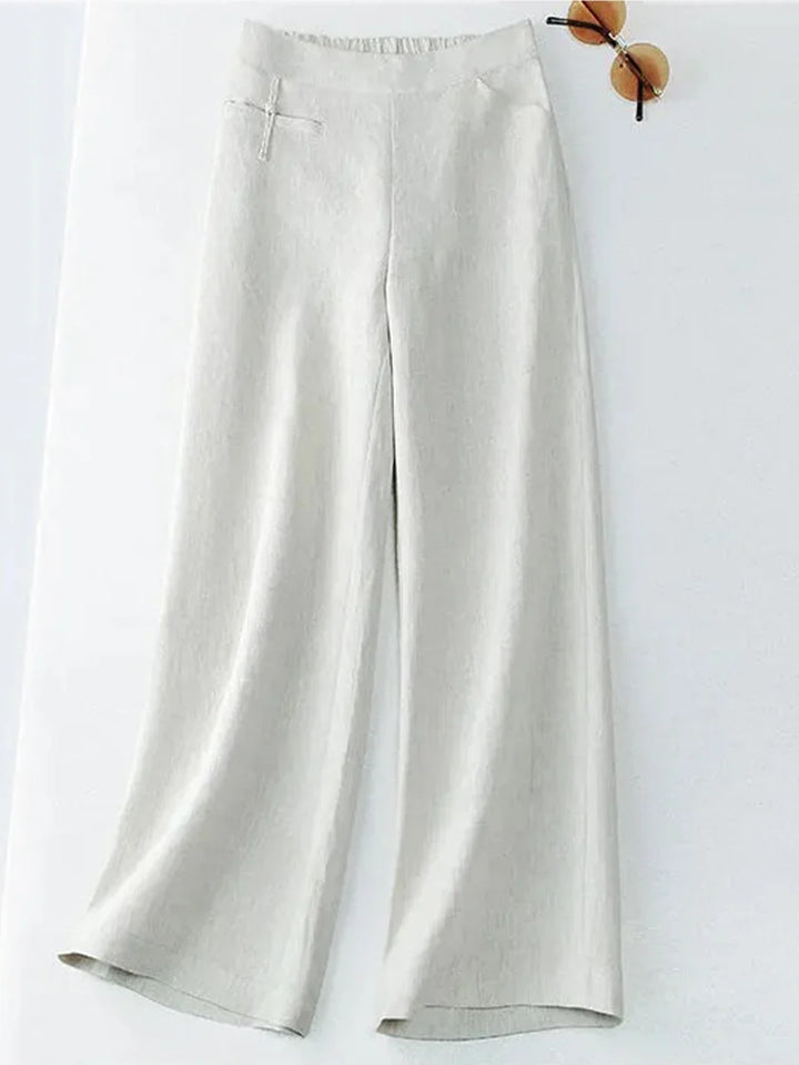 Hariet - Solid Color Button Half Elastic High Waist Casual Cotton and Linen Wide Leg Pants