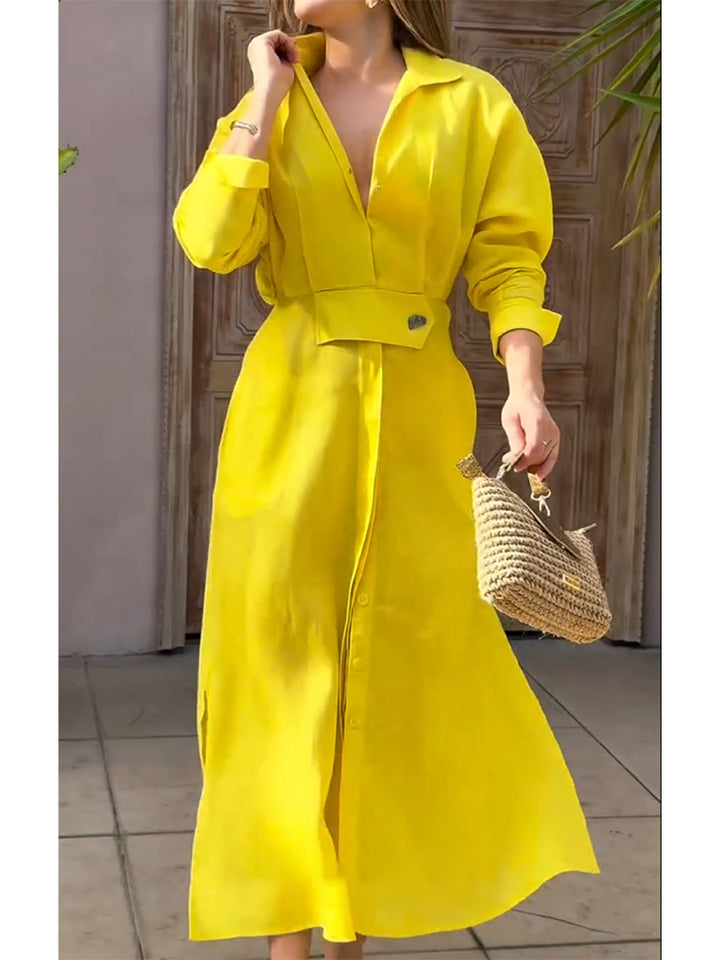 Olly - Waisted Linen Cotton Long Sleeve Dress