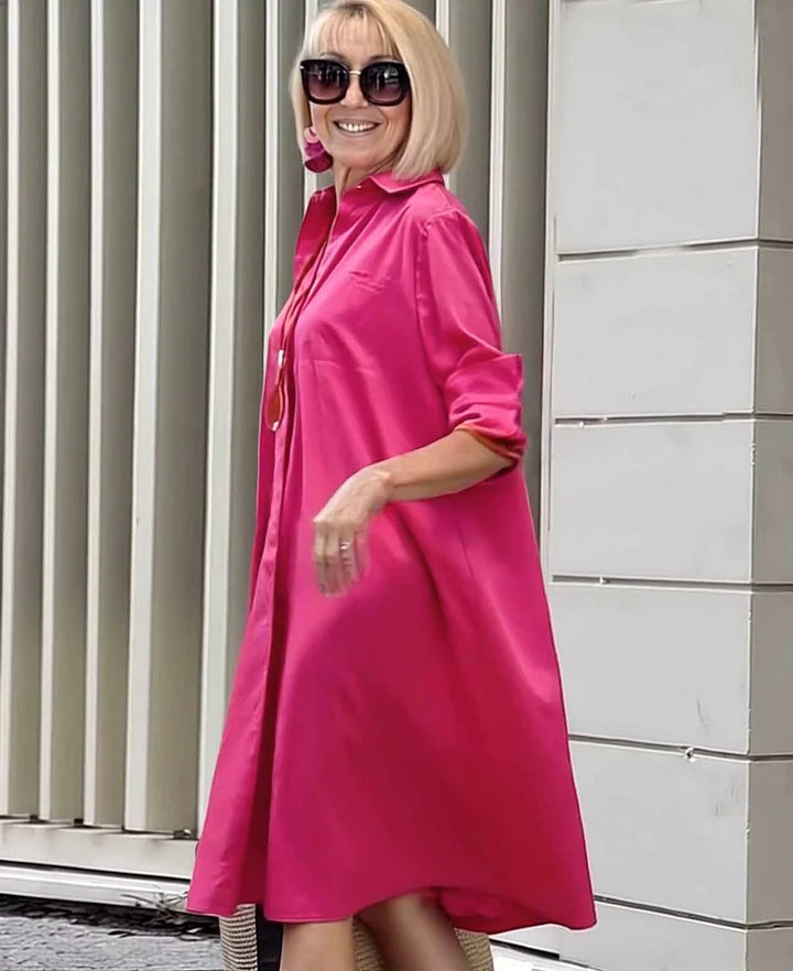 Villa - Linen Collar Pocket Midi Shirt Dress