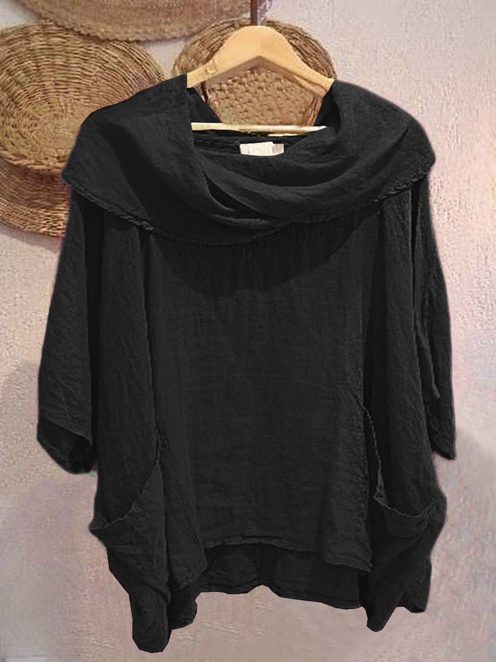 Pia - Solid Color Draped Neck 3/4 Sleeve Comfortable Casual Linen Pocket Top