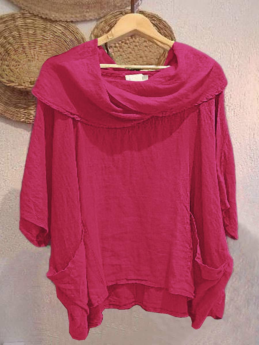 Pia - Solid Color Draped Neck 3/4 Sleeve Comfortable Casual Linen Pocket Top