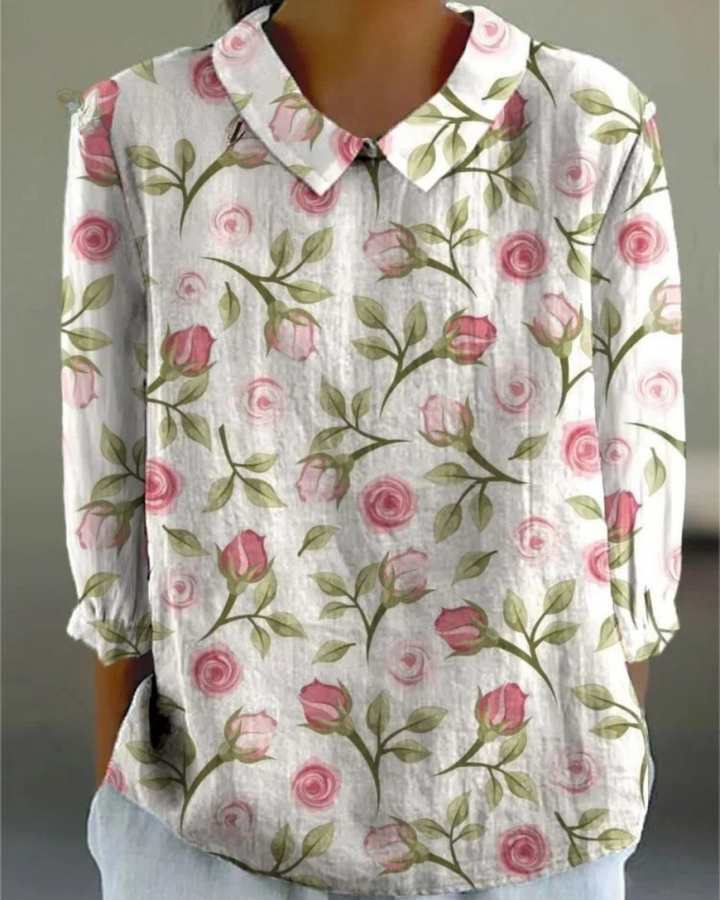 Bhea - Rose Flower Print Casual Cotton And Linen Shirt and Dress