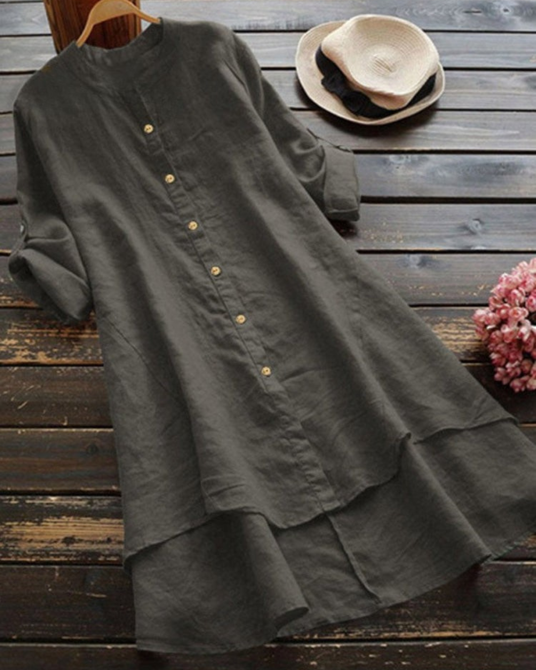 Zahara -Solid Color Loose Elegant Casual Cotton And Linen Shirt Dress