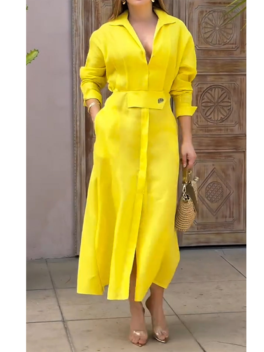 Olly - Waisted Linen Cotton Long Sleeve Dress