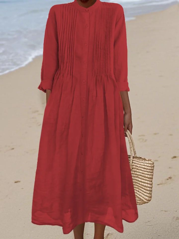 Lisa - Pleated Cotton and Ramie Long-sleeved Dress