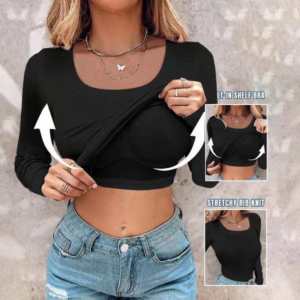 Arya | Neck Built-in Bra Long Sleeve Elegant Ribbed Top Shirts