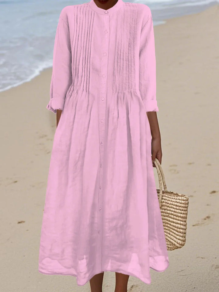 Lisa - Pleated Cotton and Ramie Long-sleeved Dress