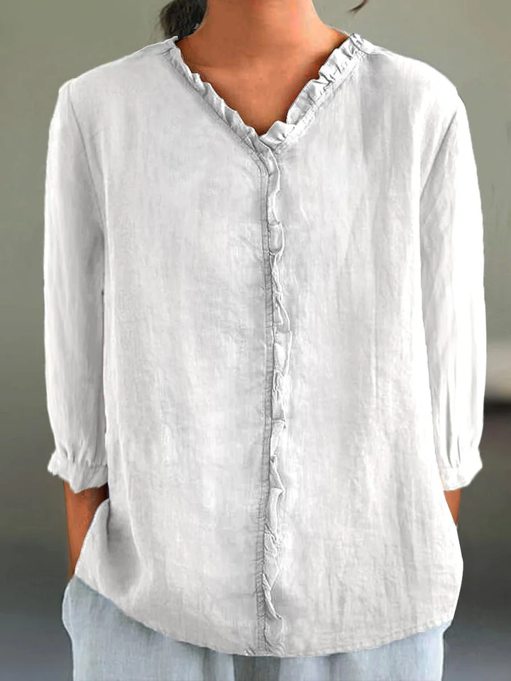 Polla - Casual Cotton And Linen Ruffle Collar 3/4 Sleeve Shirt