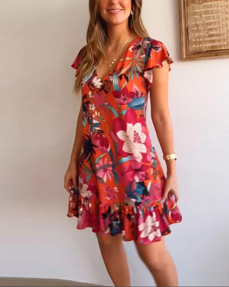 Floral Dress With V-Neck and Ruffles