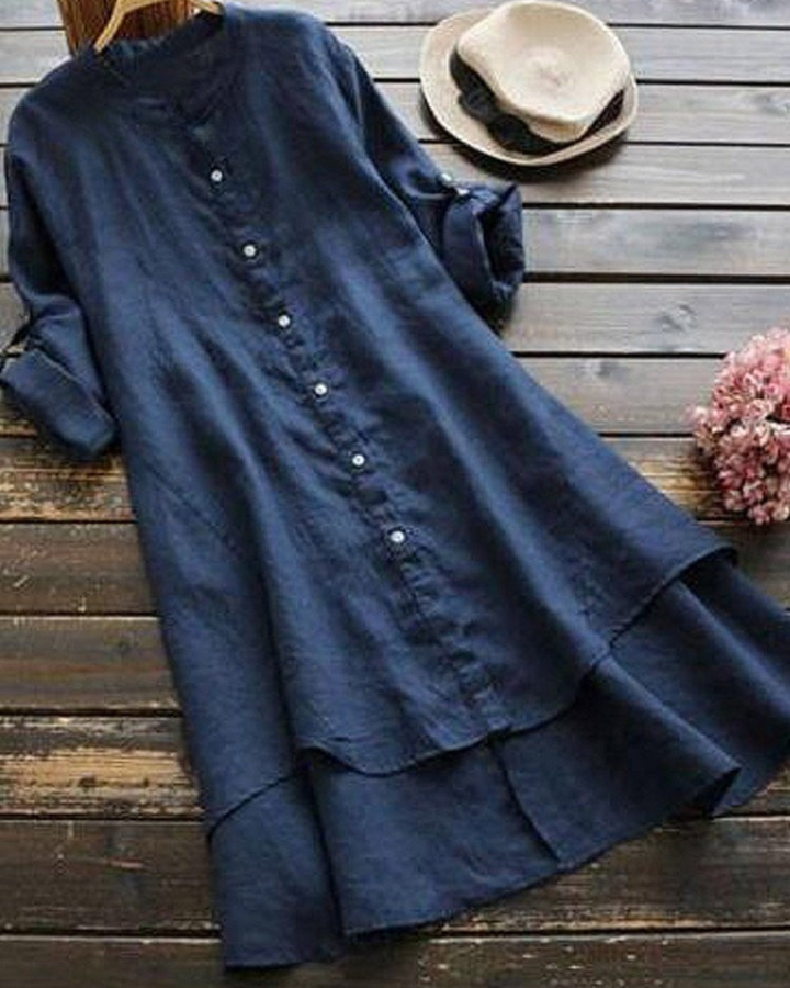 Zahara -Solid Color Loose Elegant Casual Cotton And Linen Shirt Dress