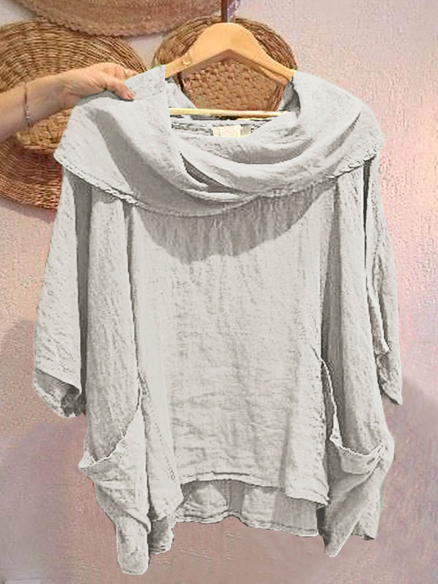 Pia - Solid Color Draped Neck 3/4 Sleeve Comfortable Casual Linen Pocket Top