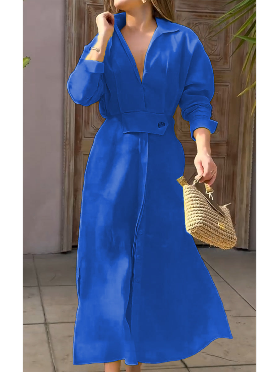 Olly - Waisted Linen Cotton Long Sleeve Dress