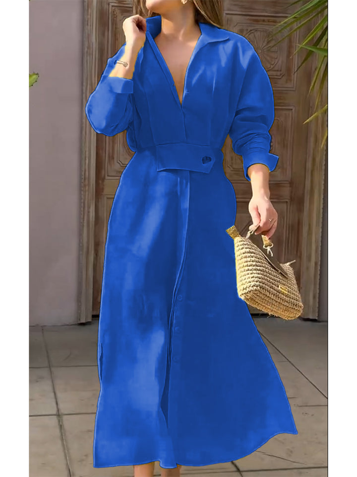 Olly - Waisted Linen Cotton Long Sleeve Dress