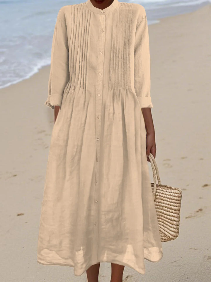 Lisa - Pleated Cotton and Ramie Long-sleeved Dress