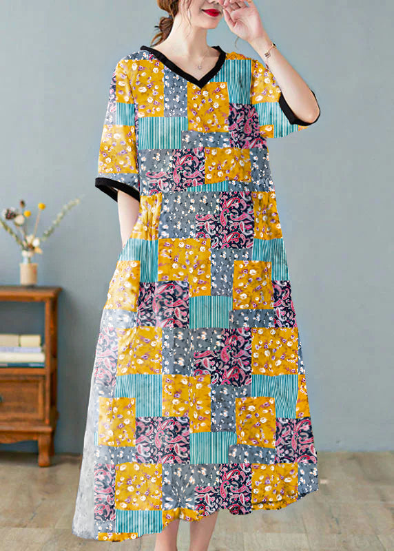 Boutique V Neck Print Linen Dresses Short Sleeve