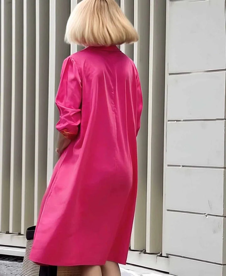 Villa - Linen Collar Pocket Midi Shirt Dress