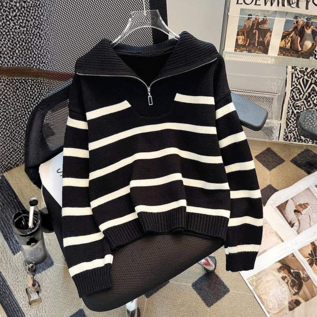 NEVAEH™ - Chic Striped Long Sleeve Collared Top
