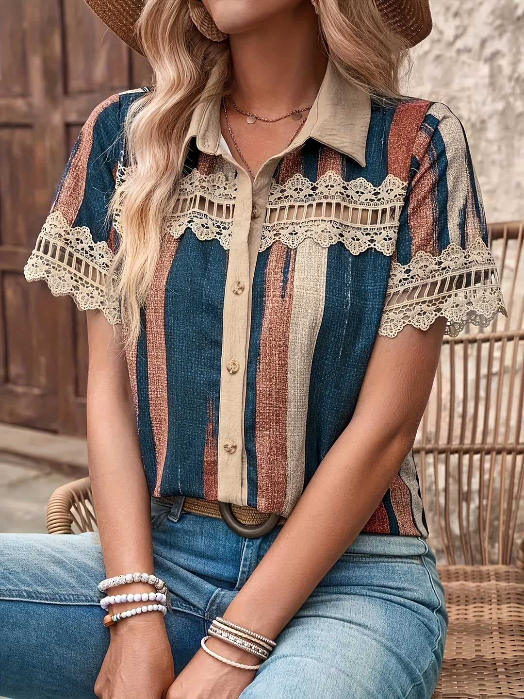 Grace™ - Retro Striped Lace Blouse