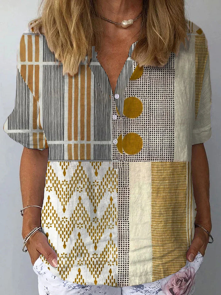 Xena - Vintage Abstract Geometry Art Print Casual Cotton And Linen Top and Dress