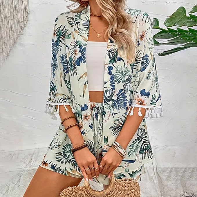 Victoria™ - Elegant Floral Cardigan With Beach Shorts Set