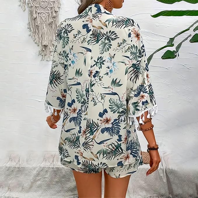 Victoria™ - Elegant Floral Cardigan With Beach Shorts Set