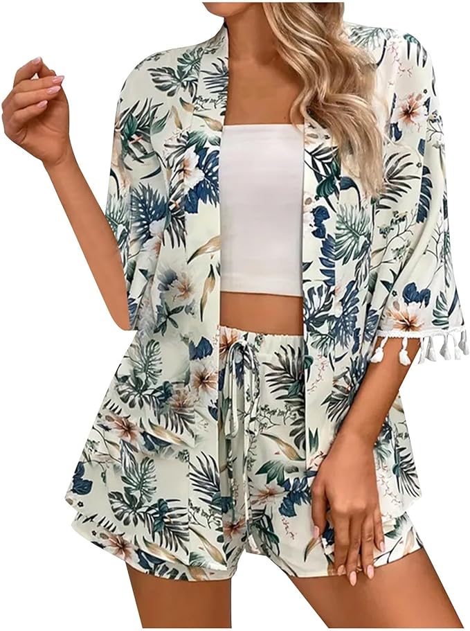 Victoria™ - Elegant Floral Cardigan With Beach Shorts Set
