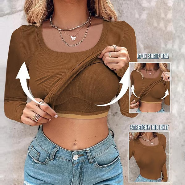 Arya | Neck Built-in Bra Long Sleeve Elegant Ribbed Top Shirts