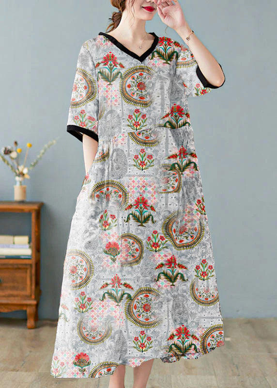 Boutique V Neck Print Linen Dresses Short Sleeve