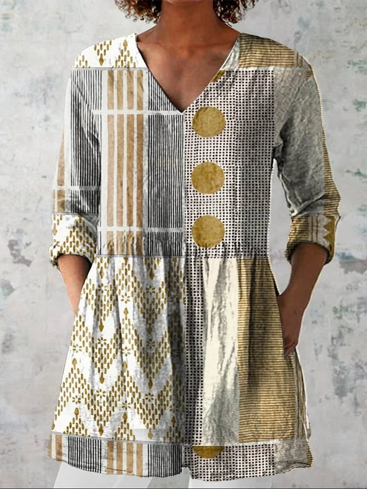Xena - Vintage Abstract Geometry Art Print Casual Cotton And Linen Top and Dress