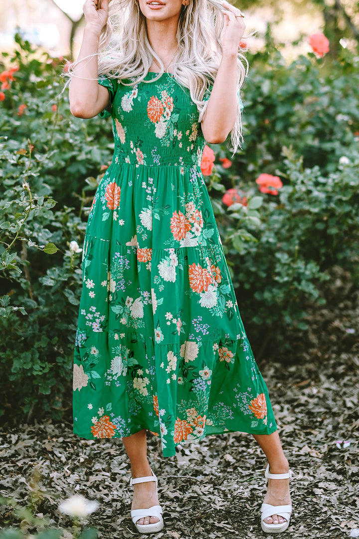 Floral Print Smocked Tiered Midi Dresses