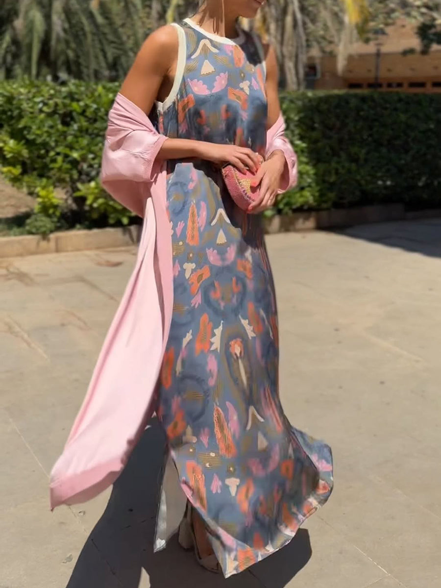 Vilma - Satin Cardigan Cover and Printed Sleeveless Dress