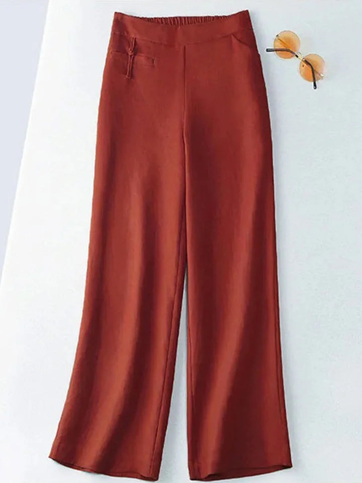 Hariet - Solid Color Button Half Elastic High Waist Casual Cotton and Linen Wide Leg Pants