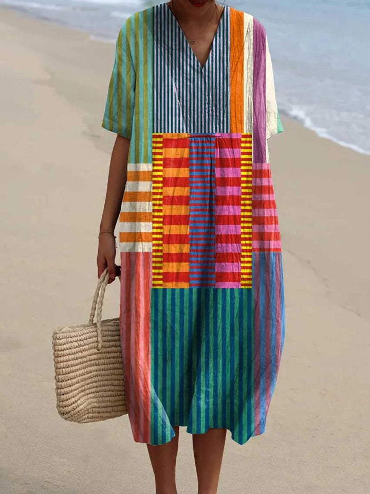 Rowena - Colorful Patchwork Striped Cotton Linen Top, Pant, Jumpsuit and Dress