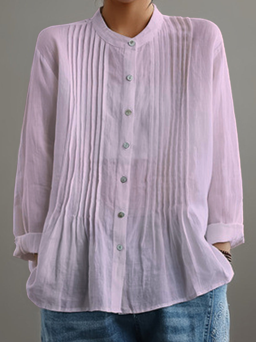Cathy - Casual Cotton And Linen Pleated Shirt