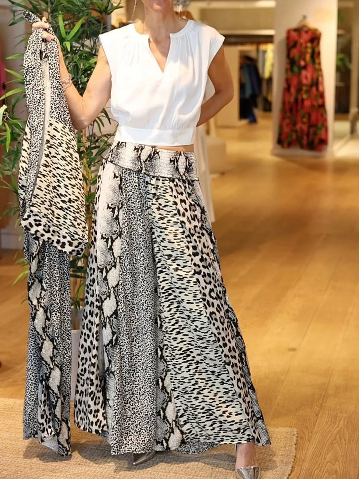 Venice - Animal Print Cotton and Linen Cardigan and Pants Two-piece Set