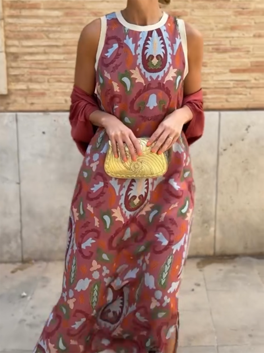 Vilma - Satin Cardigan Cover and Printed Sleeveless Dress