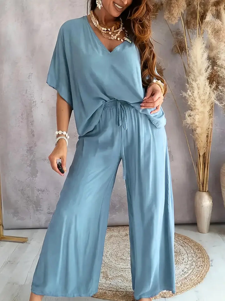 Mia™ - Casual V Neck Top with Wide Leg Pants Set