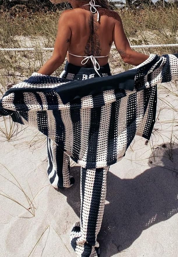 Amelia™ - Striped Hollow Out Top And Pants Set