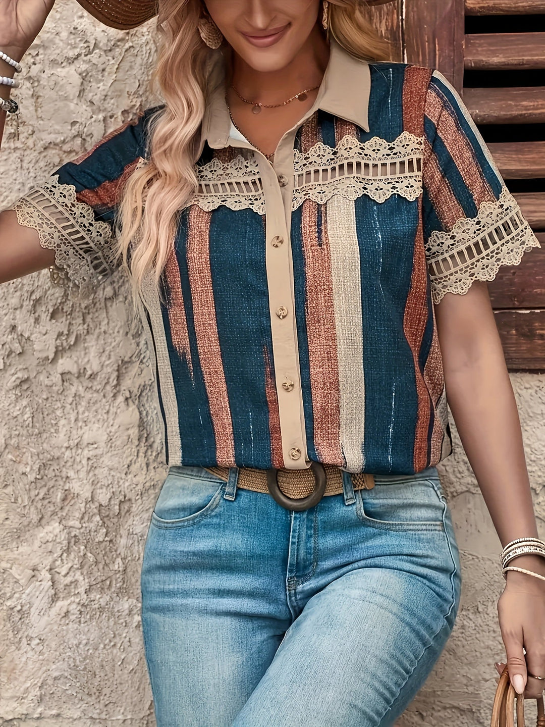 Grace™ - Retro Striped Lace Blouse