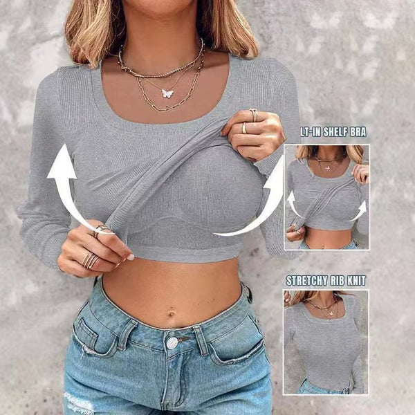 Arya | Neck Built-in Bra Long Sleeve Elegant Ribbed Top Shirts