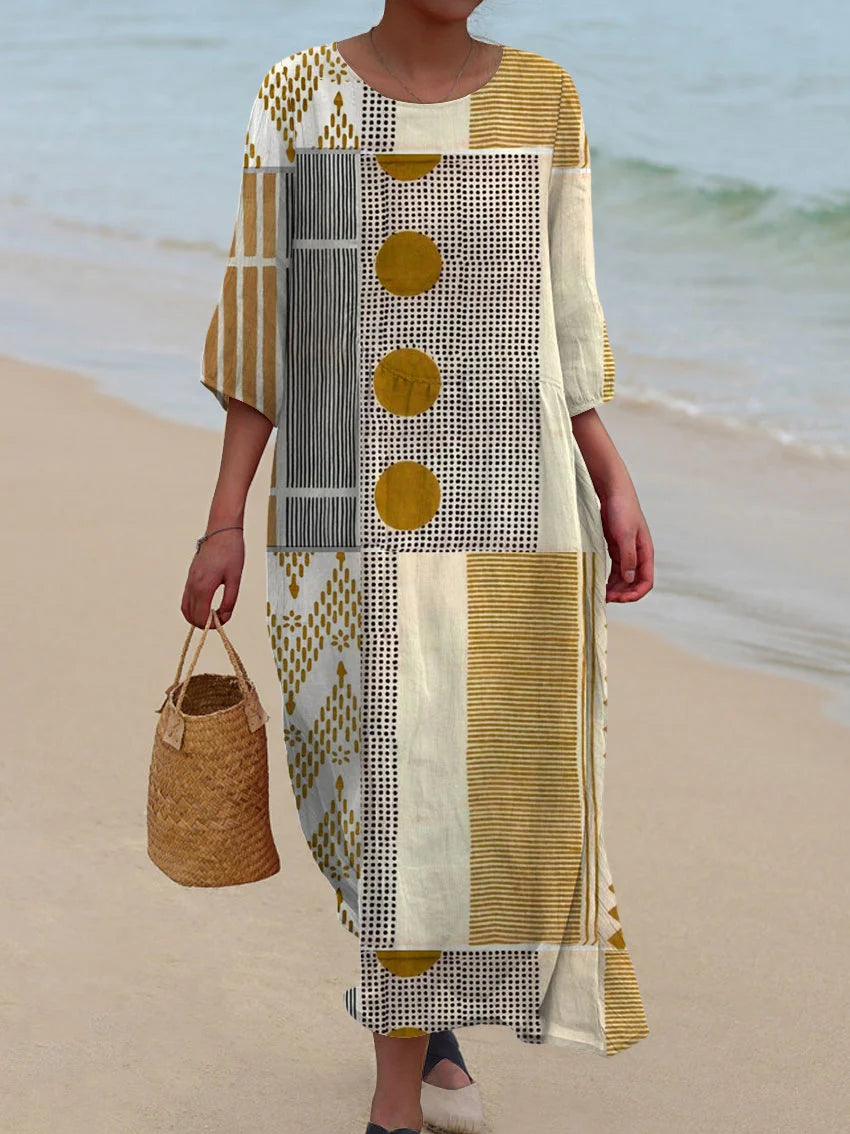 Xena - Vintage Abstract Geometry Art Print Casual Cotton And Linen Top and Dress