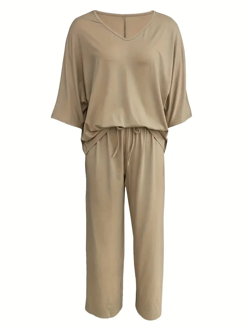 Mia™ - Casual V Neck Top with Wide Leg Pants Set