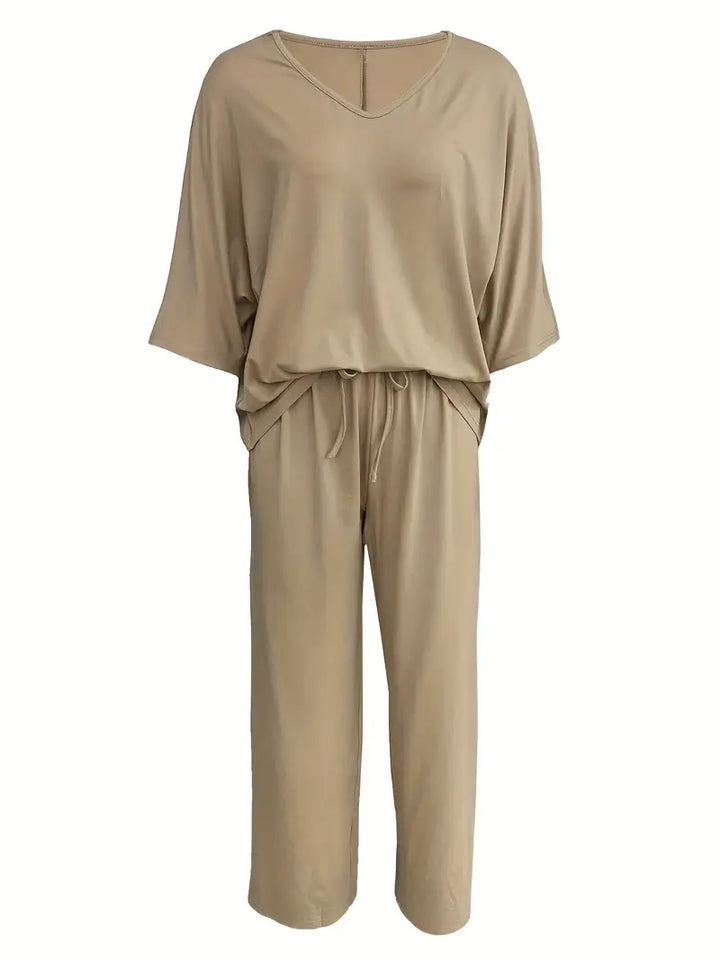 Mia™ - Casual V Neck Top with Wide Leg Pants Set