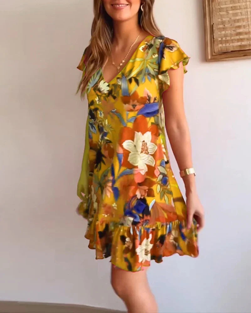 Floral Dress With V-Neck and Ruffles