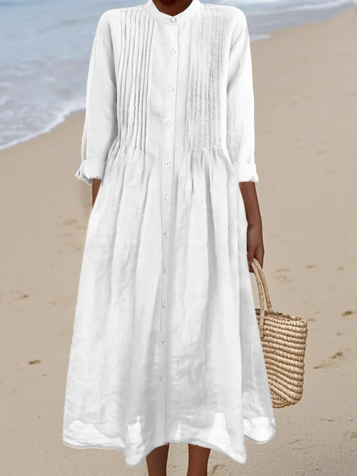 Lisa - Pleated Cotton and Ramie Long-sleeved Dress